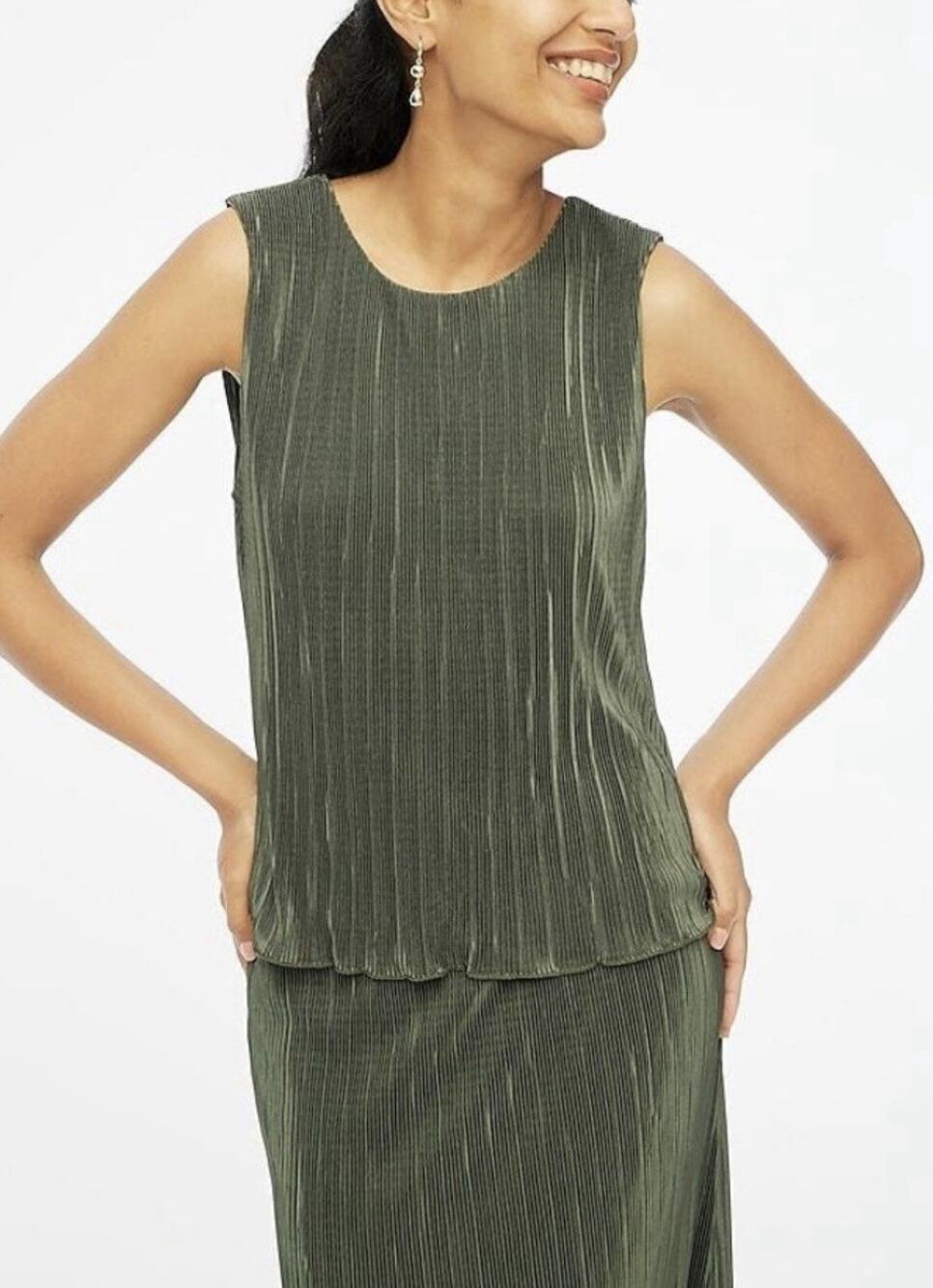 J Crew Olive Green Plisse Sleeveless Shell Tank Top Size Large Women Lined NWT